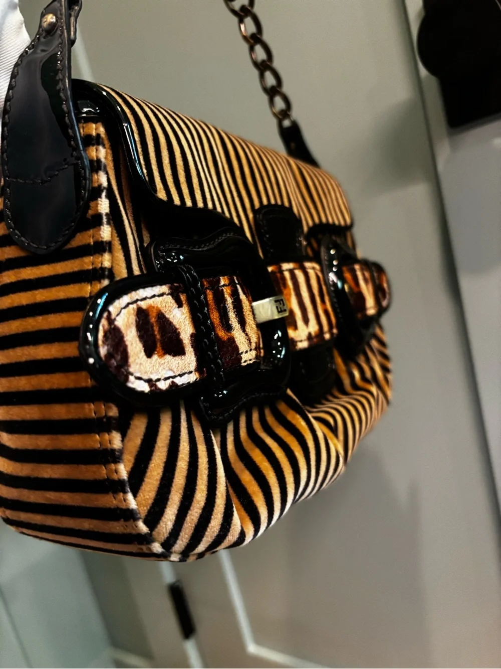 FENDI Pony Hair Stripe Leopard Baguette Shoulder Bag Patent Leather Rare - Picture 13 of 16